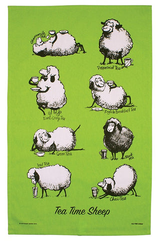 Tea Time Sheep Tea Towel in Green
