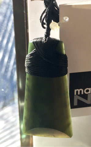 Beautiful New Zealand Greenstone Toki Pendant on black cord