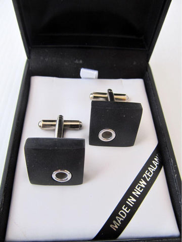 Square Basalt Cufflinks with Silver Detail